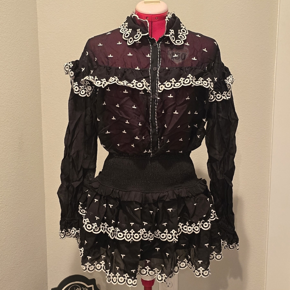 Black with white embroidered Girly blouse and skirt set.